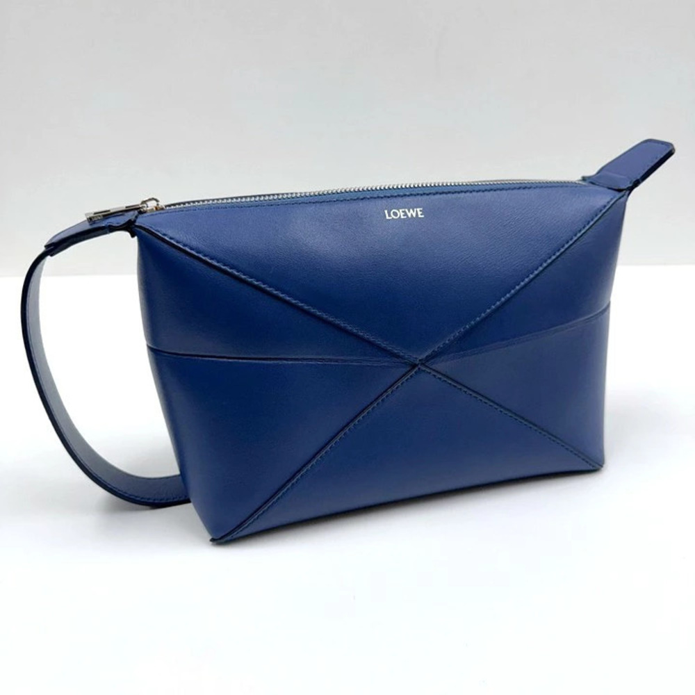 Loewe Puzzlefold Wash Bag Clutch Shiny Calf Leather Blue